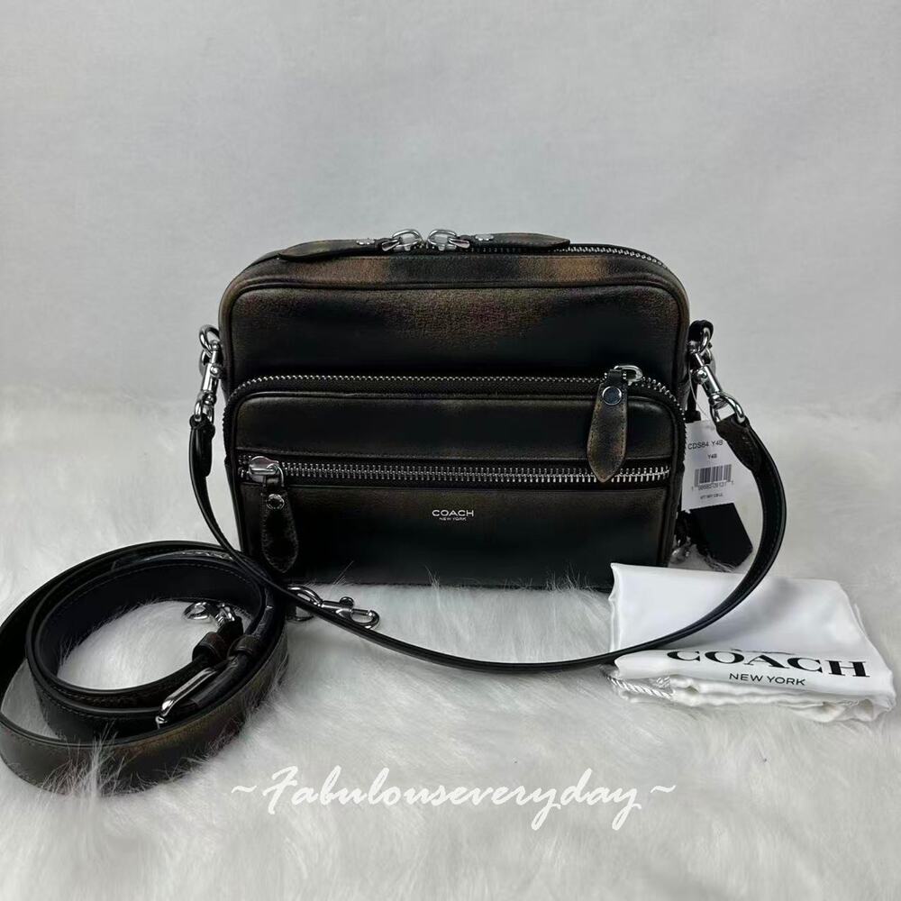 Coach Men's Dakota Crossbody Bag In Loved Leather Black/Light Tan CDS84 NWT
